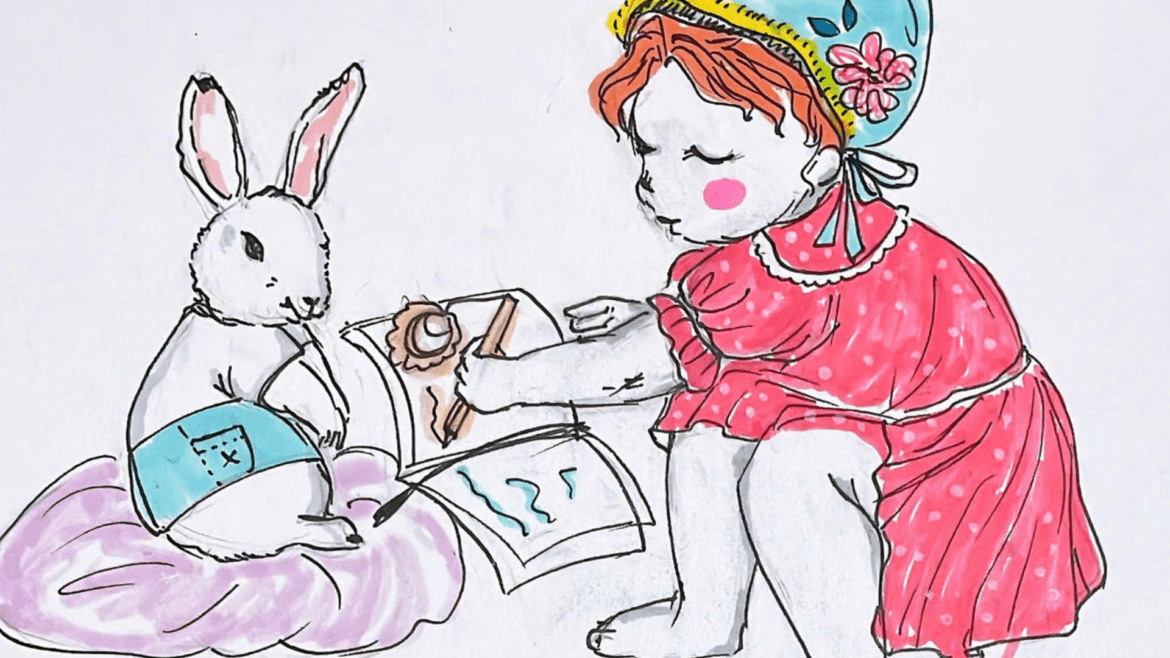 Tranh "Em bé dạy bạn thỏ học bài" - vẽ tranh - Good morning Sophie.